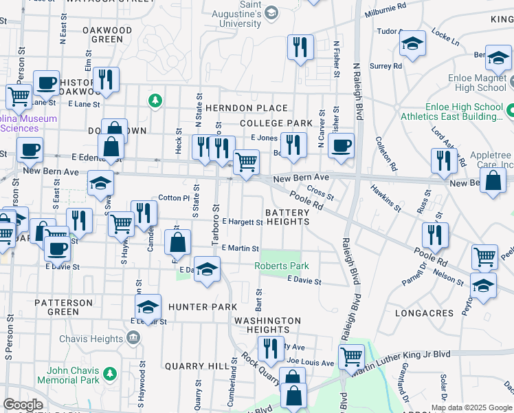 map of restaurants, bars, coffee shops, grocery stores, and more near 120 Bart Street in Raleigh