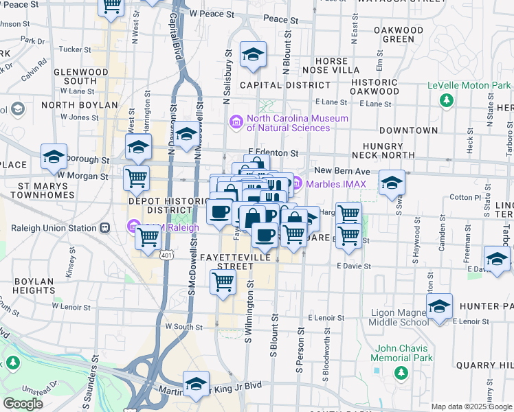 map of restaurants, bars, coffee shops, grocery stores, and more near 112 East Hargett Street in Raleigh