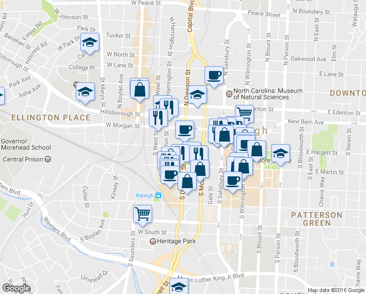map of restaurants, bars, coffee shops, grocery stores, and more near 311 West Hargett Street in Raleigh