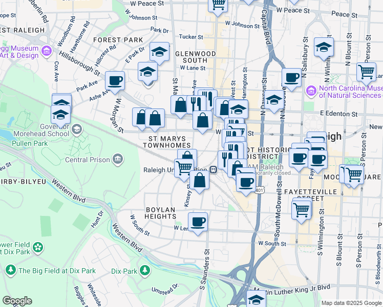 map of restaurants, bars, coffee shops, grocery stores, and more near 218 South Boylan Avenue in Raleigh
