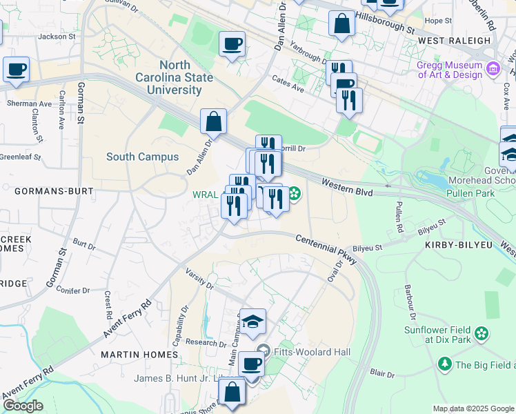 map of restaurants, bars, coffee shops, grocery stores, and more near 2231 Avent Ferry Road in Raleigh