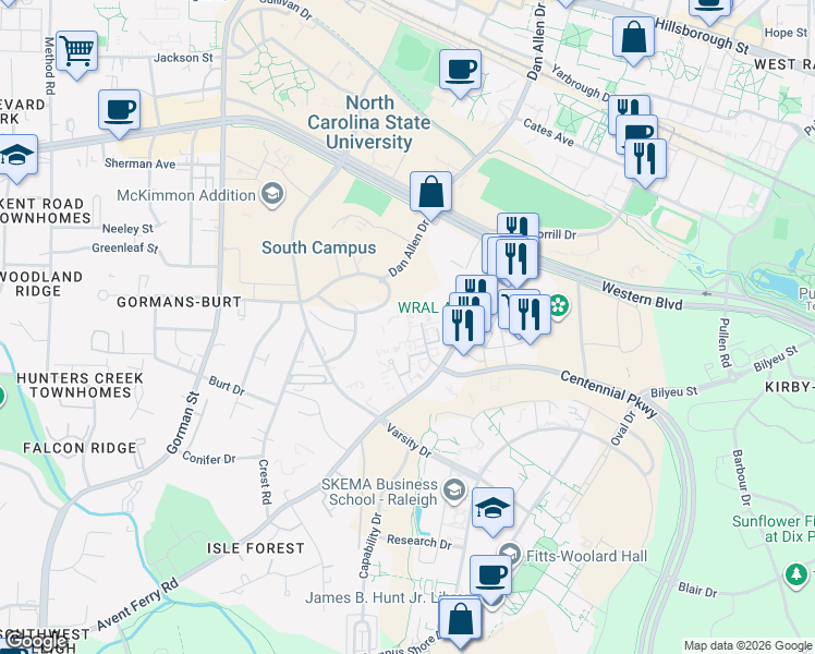 map of restaurants, bars, coffee shops, grocery stores, and more near 2317 Champion Court in Raleigh