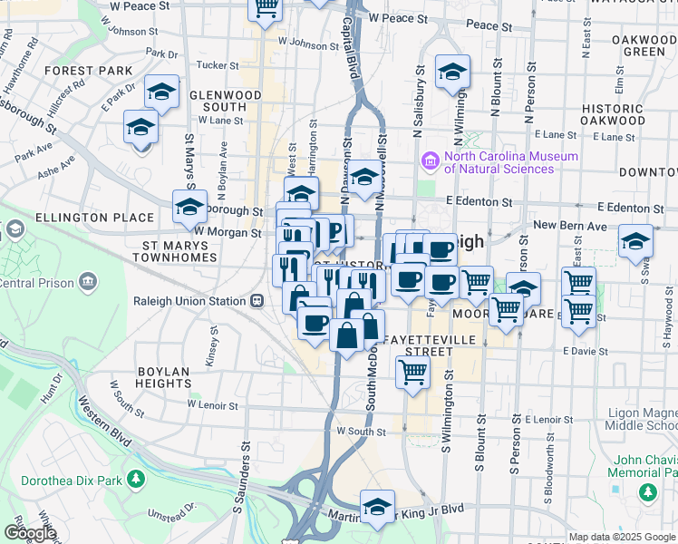 map of restaurants, bars, coffee shops, grocery stores, and more near 311 West Hargett Street in Raleigh