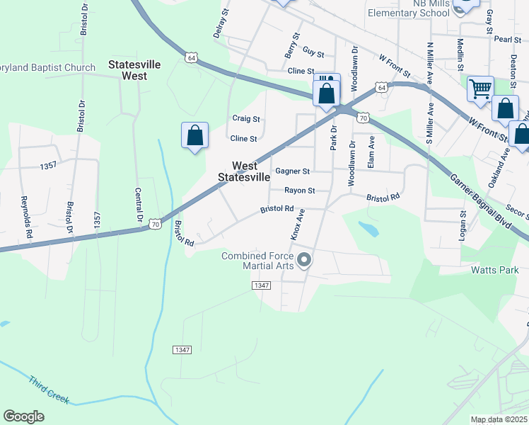 map of restaurants, bars, coffee shops, grocery stores, and more near 2129 Bristol Road in Statesville
