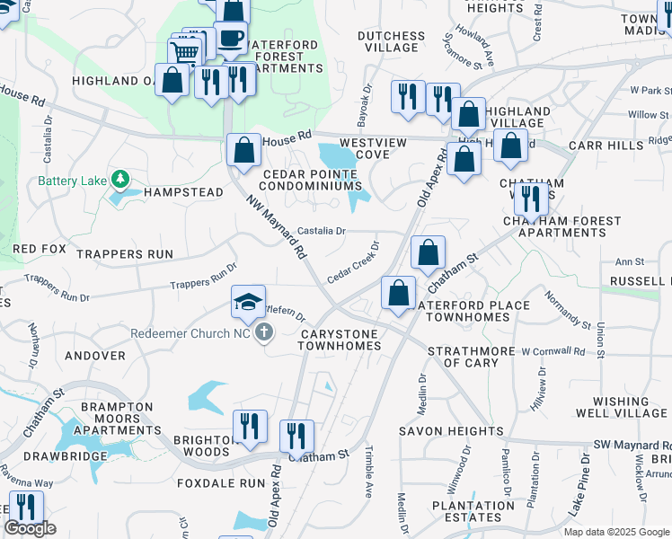map of restaurants, bars, coffee shops, grocery stores, and more near 1230 Cedar Creek Drive in Cary