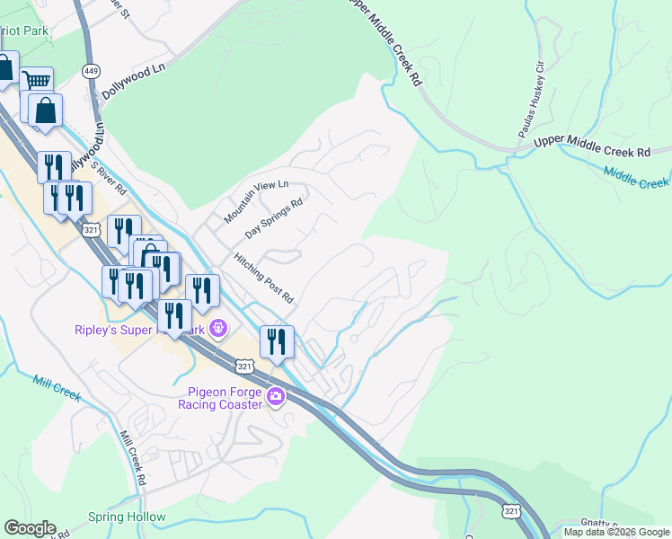 map of restaurants, bars, coffee shops, grocery stores, and more near 814 Old Gate Road in Pigeon Forge