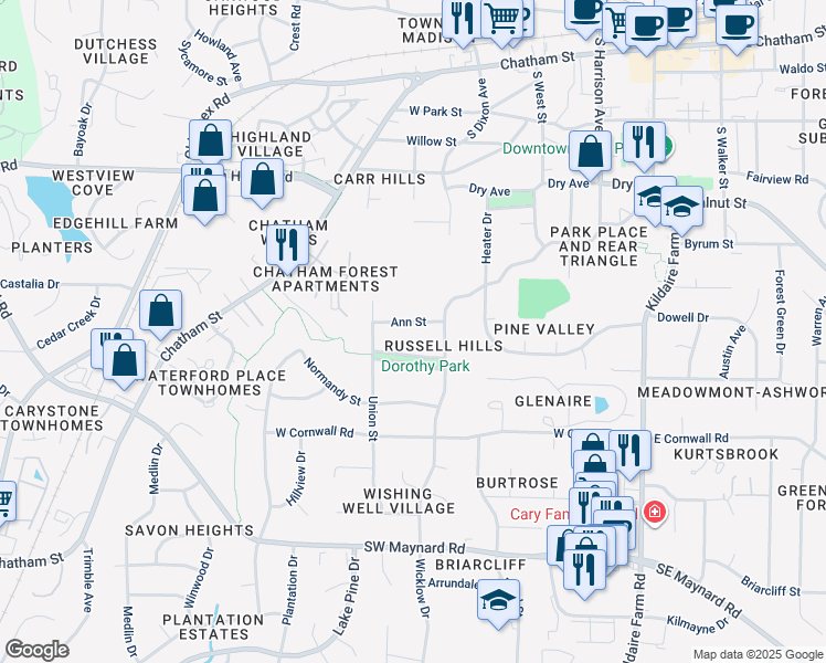 map of restaurants, bars, coffee shops, grocery stores, and more near 413 Ann Street in Cary