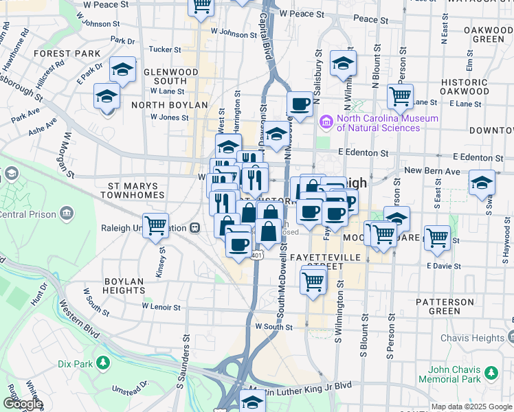 map of restaurants, bars, coffee shops, grocery stores, and more near 200 South Dawson Street in Raleigh