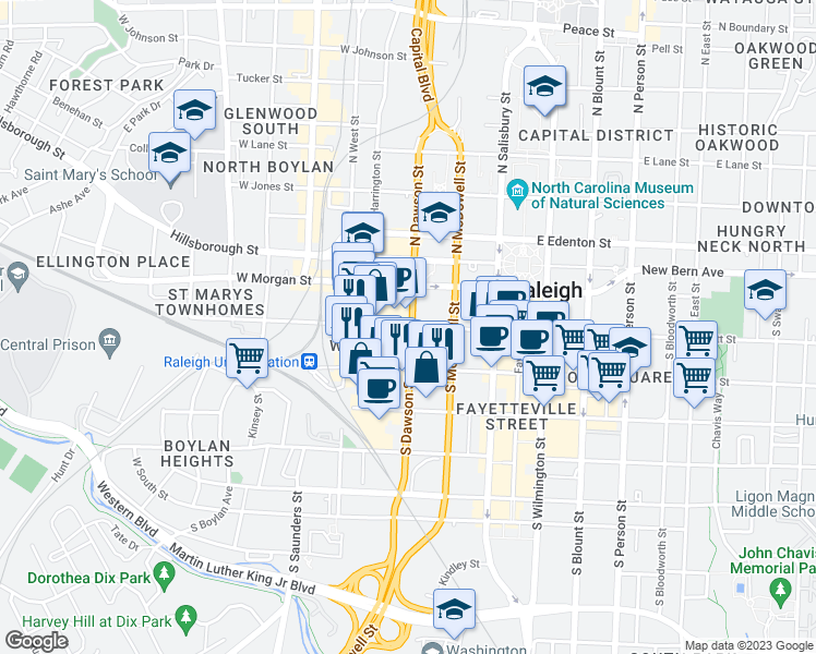 map of restaurants, bars, coffee shops, grocery stores, and more near 311 West Hargett Street in Raleigh