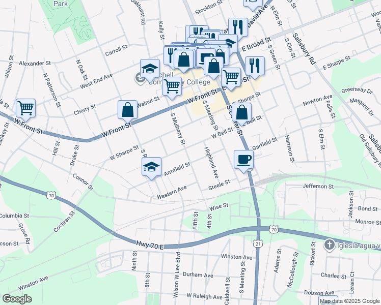 map of restaurants, bars, coffee shops, grocery stores, and more near 516 South Mulberry Street in Statesville