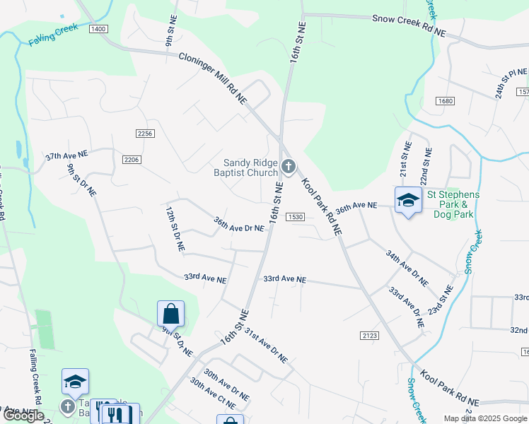 map of restaurants, bars, coffee shops, grocery stores, and more near 3605 16th Street Northeast in Hickory