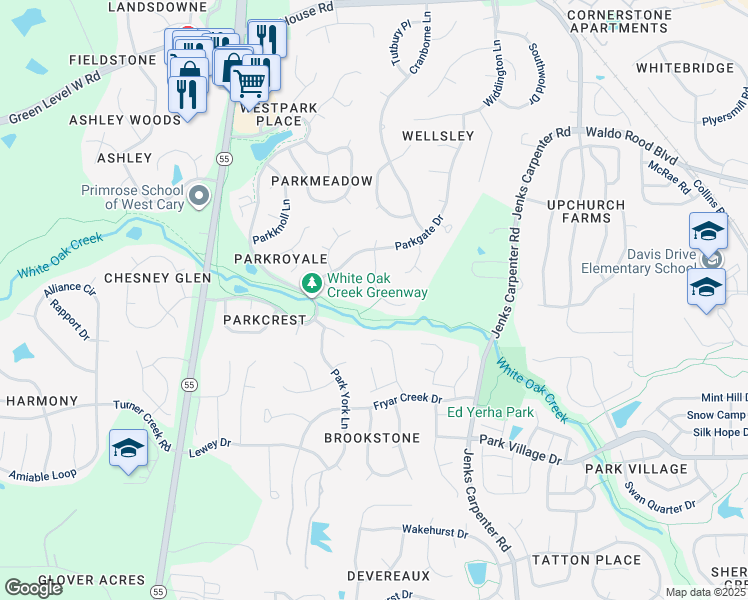 map of restaurants, bars, coffee shops, grocery stores, and more near 114 Barnes Spring Court in Cary