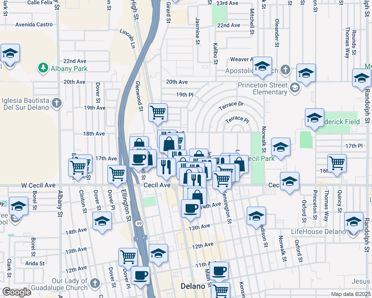 map of restaurants, bars, coffee shops, grocery stores, and more near 1718 Inyo Street in Delano