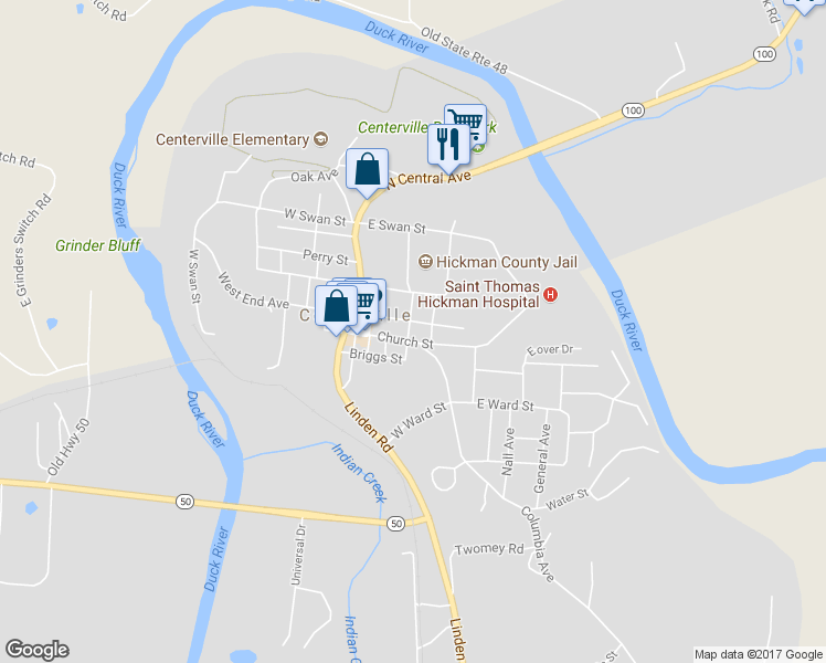 map of restaurants, bars, coffee shops, grocery stores, and more near 100 College Avenue in Centerville