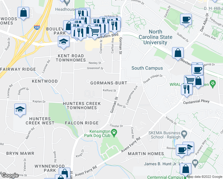 map of restaurants, bars, coffee shops, grocery stores, and more near 3810 Kelford Street in Raleigh