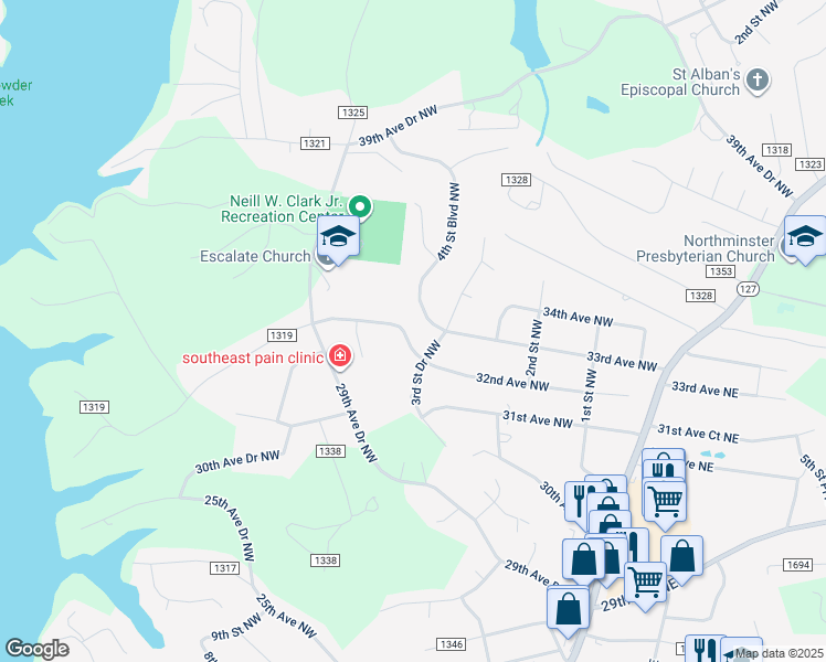 map of restaurants, bars, coffee shops, grocery stores, and more near 430 32nd Avenue Drive Northwest in Hickory