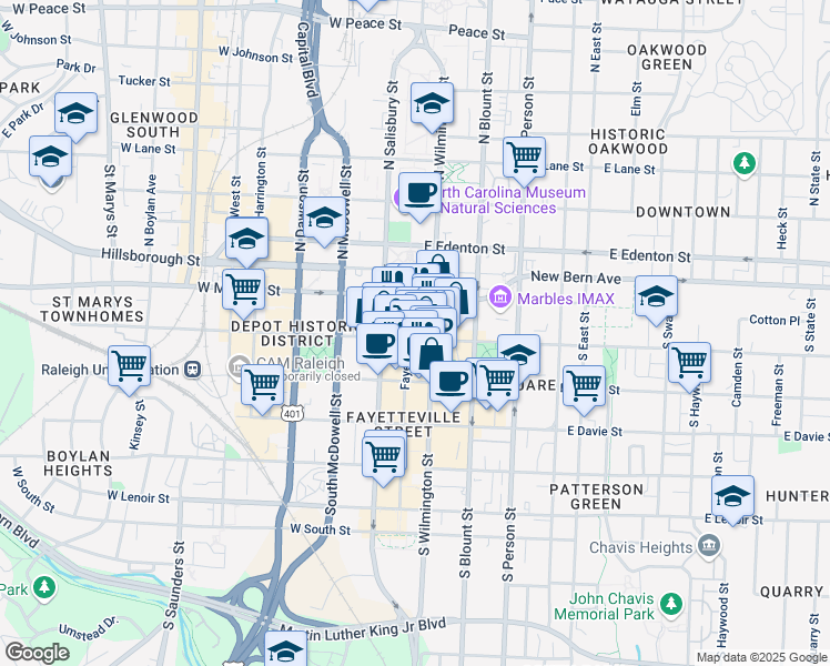 map of restaurants, bars, coffee shops, grocery stores, and more near 207 Fayetteville Street in Raleigh