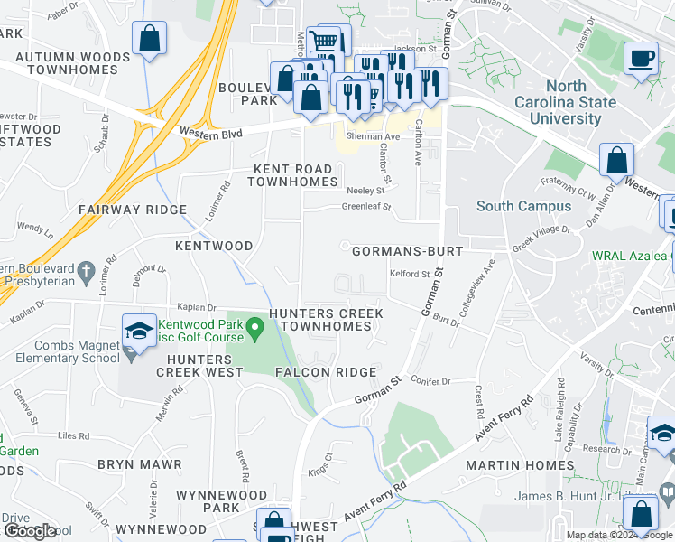map of restaurants, bars, coffee shops, grocery stores, and more near 3933 Marcom Street in Raleigh