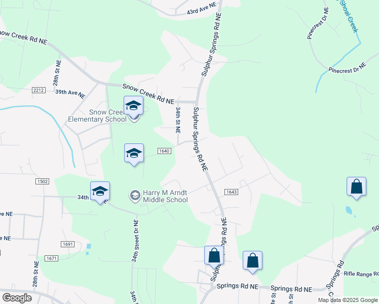 map of restaurants, bars, coffee shops, grocery stores, and more near 3561 Sulphur Springs Road Northeast in Hickory