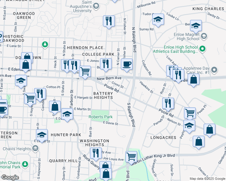 map of restaurants, bars, coffee shops, grocery stores, and more near 1504 Poole Road in Raleigh