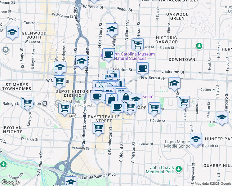 map of restaurants, bars, coffee shops, grocery stores, and more near 112 East Hargett Street in Raleigh