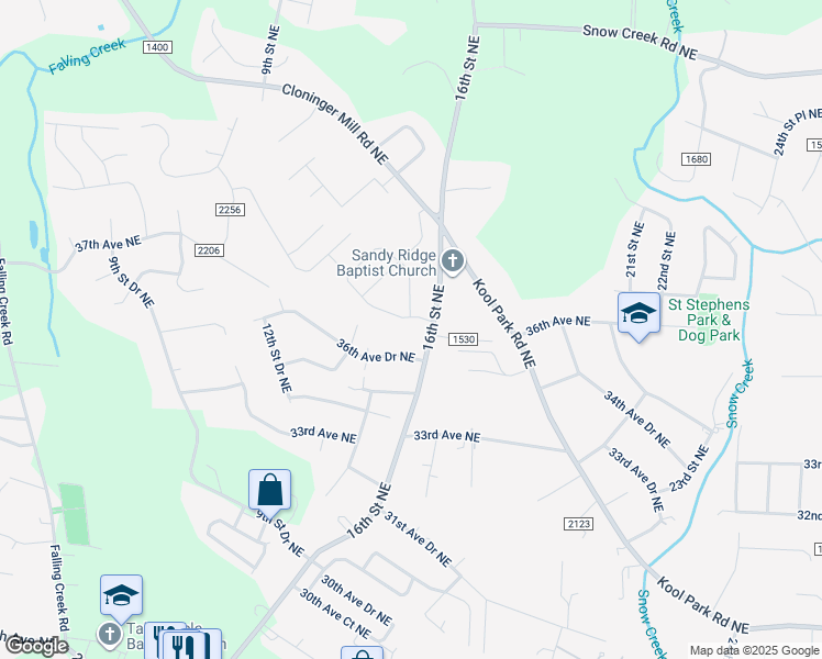 map of restaurants, bars, coffee shops, grocery stores, and more near 3605 16th Street Northeast in Hickory
