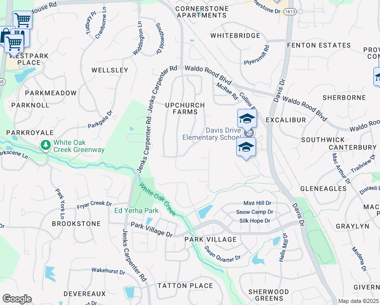 map of restaurants, bars, coffee shops, grocery stores, and more near 377 Luke Meadow Lane in Cary