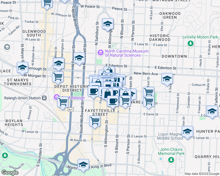 map of restaurants, bars, coffee shops, grocery stores, and more near 112 East Hargett Street in Raleigh