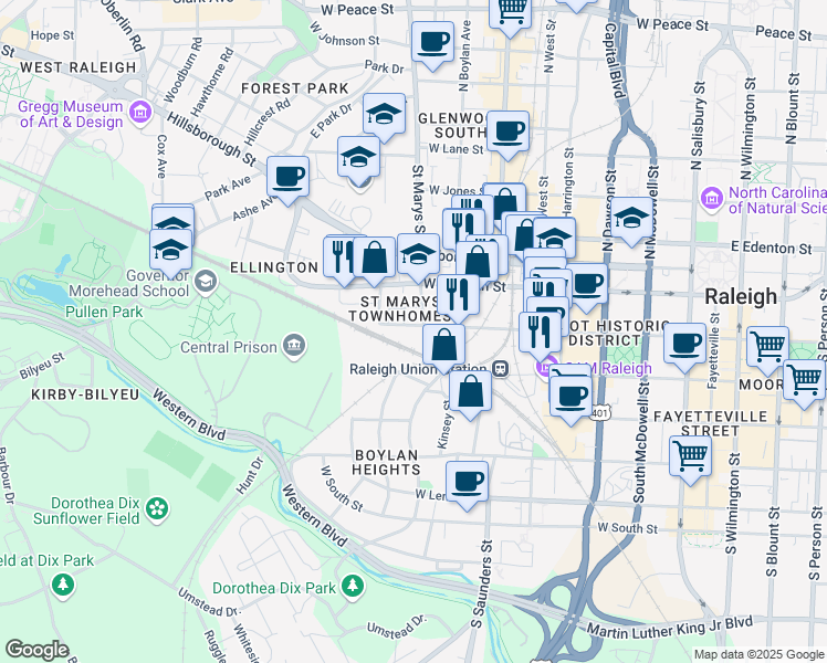map of restaurants, bars, coffee shops, grocery stores, and more near 731 West Hargett Street in Raleigh