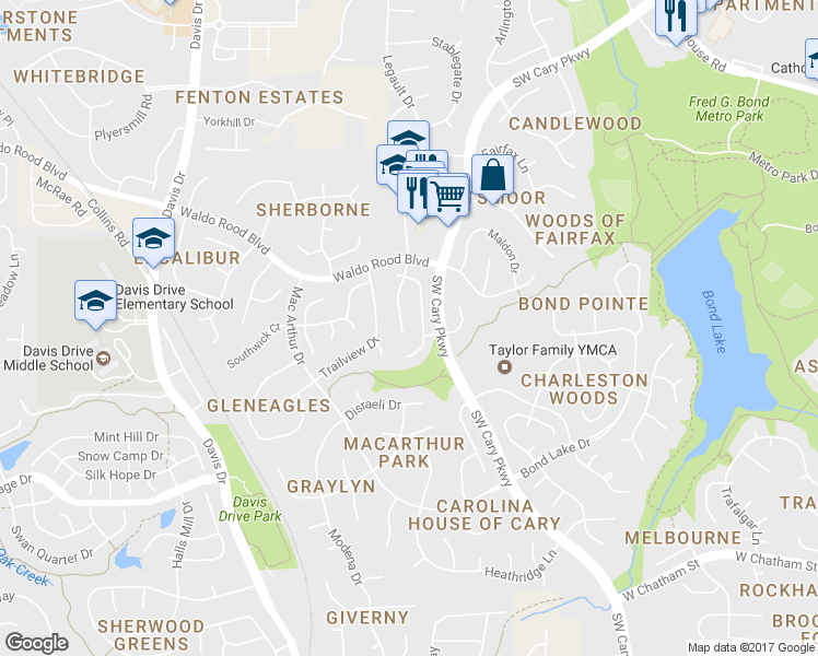map of restaurants, bars, coffee shops, grocery stores, and more near 121 Haddonfield Lane in Cary