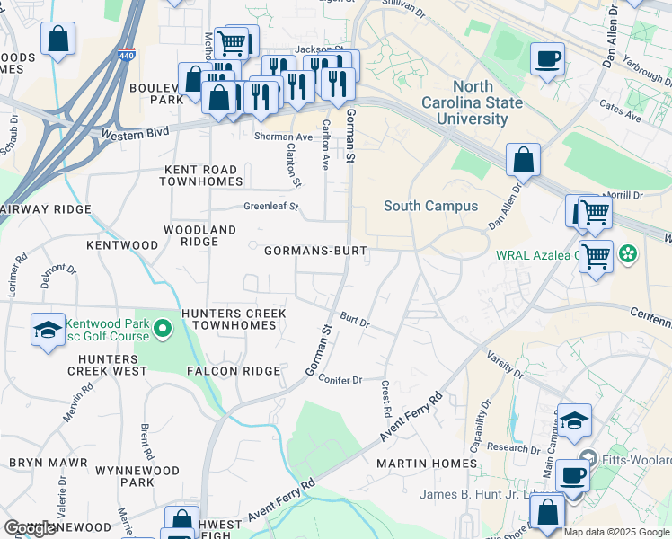 map of restaurants, bars, coffee shops, grocery stores, and more near 3805 Kelford Street in Raleigh
