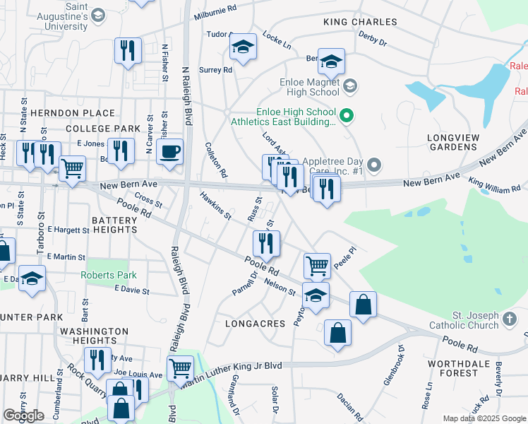 map of restaurants, bars, coffee shops, grocery stores, and more near 207 Kennedy Street in Raleigh