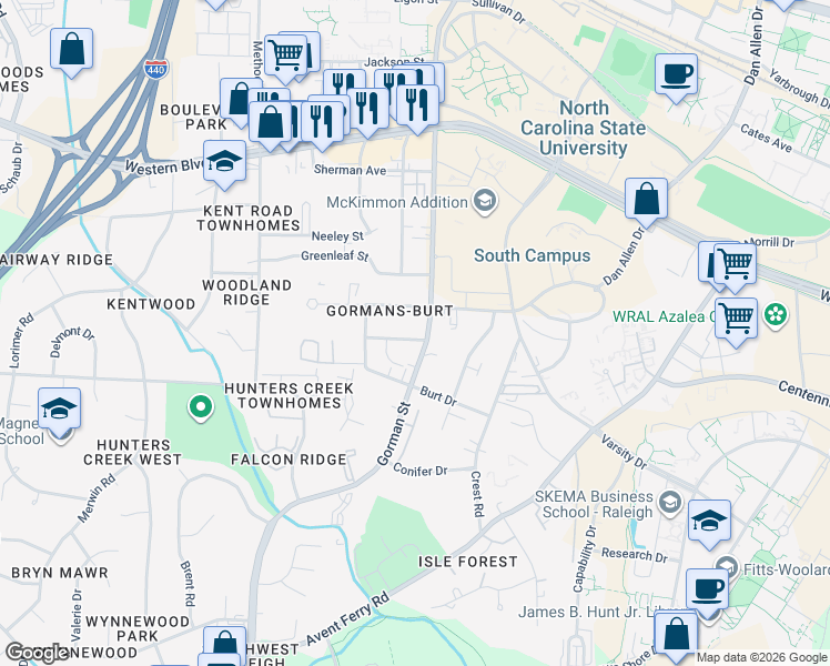 map of restaurants, bars, coffee shops, grocery stores, and more near 3805 Kelford Street in Raleigh