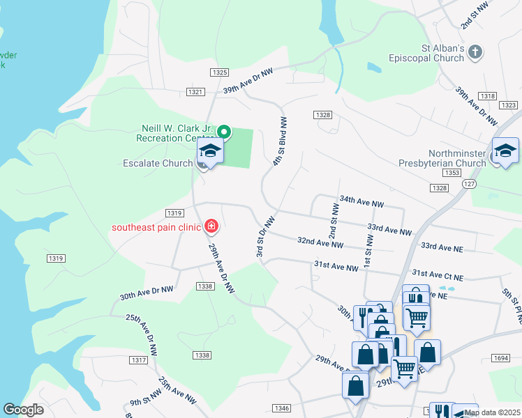 map of restaurants, bars, coffee shops, grocery stores, and more near 430 32nd Avenue Drive Northwest in Hickory