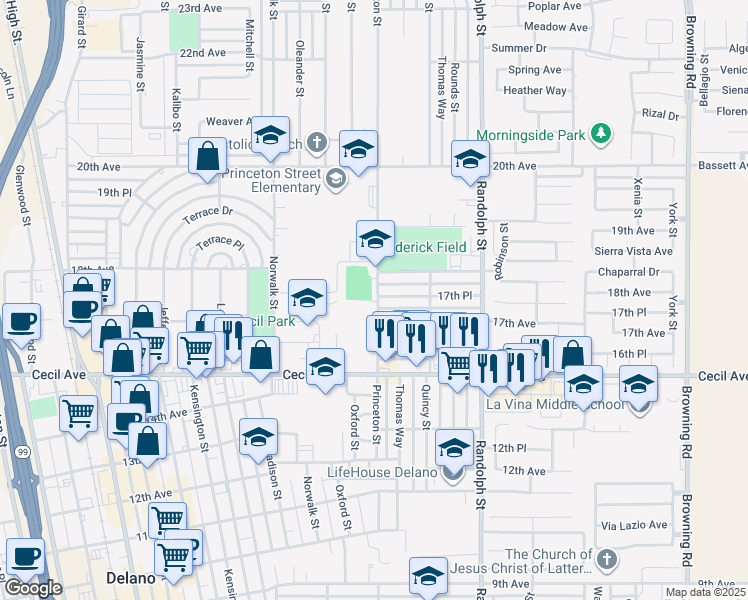 map of restaurants, bars, coffee shops, grocery stores, and more near 1747 Princeton Street in Delano