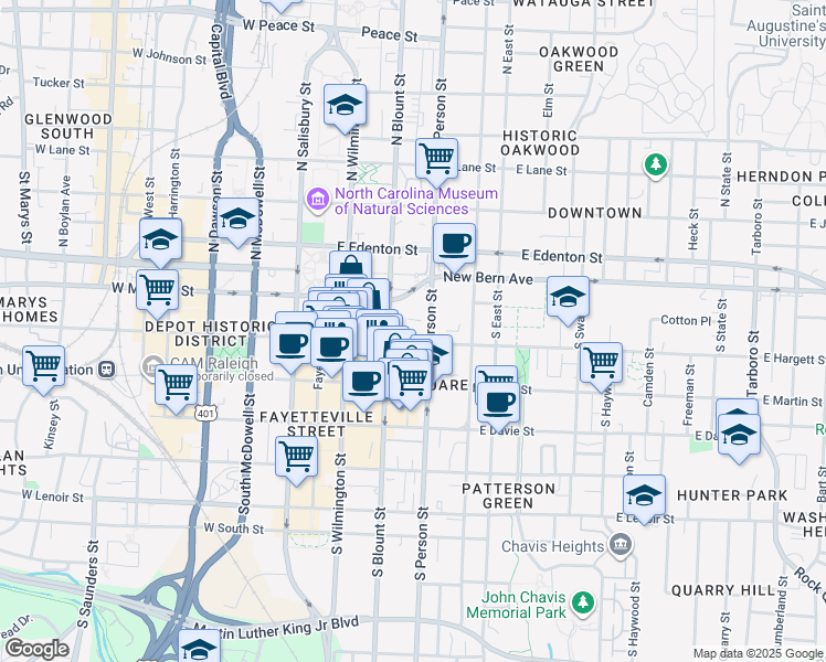 map of restaurants, bars, coffee shops, grocery stores, and more near 207 East Hargett Street in Raleigh