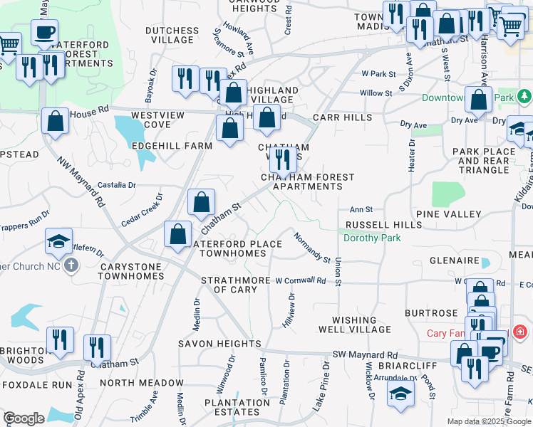 map of restaurants, bars, coffee shops, grocery stores, and more near 117 Cimmaron Court in Cary