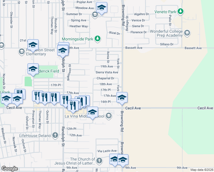 map of restaurants, bars, coffee shops, grocery stores, and more near 2132 17th Place in Delano