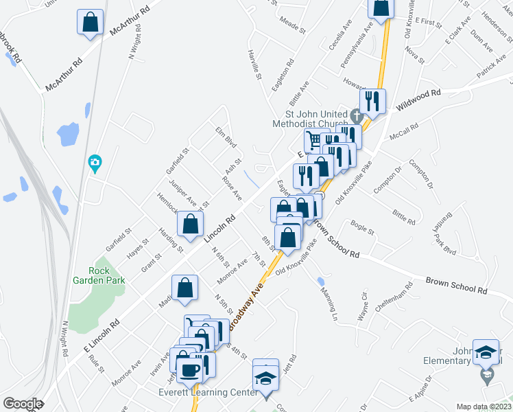 map of restaurants, bars, coffee shops, grocery stores, and more near 100 Olivia Lane in Maryville