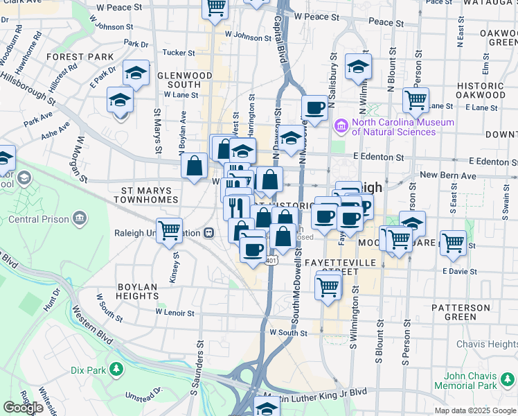 map of restaurants, bars, coffee shops, grocery stores, and more near 316 West Hargett Street in Raleigh