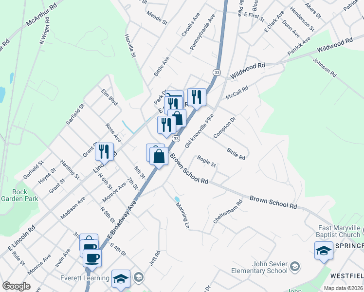 map of restaurants, bars, coffee shops, grocery stores, and more near 2114 East Broadway Avenue in Maryville