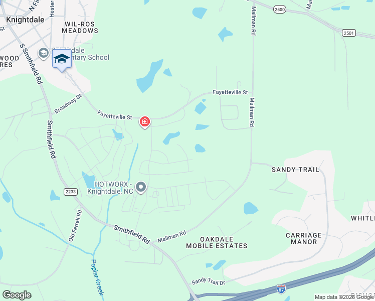 map of restaurants, bars, coffee shops, grocery stores, and more near 438 Mailman Road in Knightdale