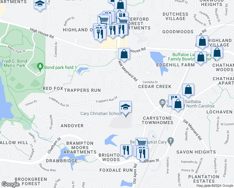 map of restaurants, bars, coffee shops, grocery stores, and more near 108 Trappers Run Drive in Cary