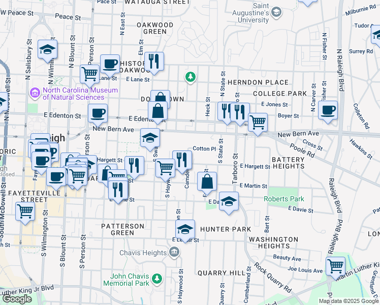 map of restaurants, bars, coffee shops, grocery stores, and more near 121 Camden Street in Raleigh