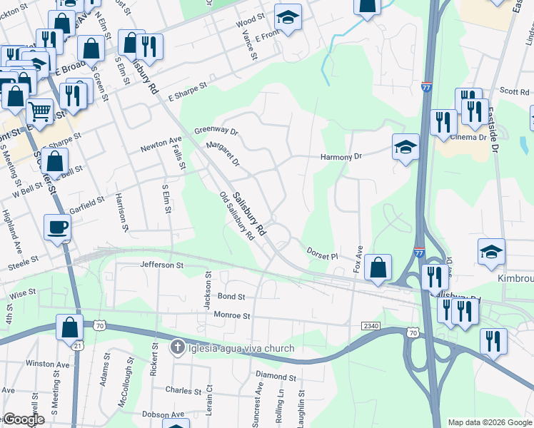 map of restaurants, bars, coffee shops, grocery stores, and more near 714 Club Drive in Statesville