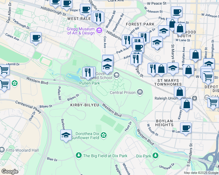 map of restaurants, bars, coffee shops, grocery stores, and more near 301 Ashe Avenue in Raleigh