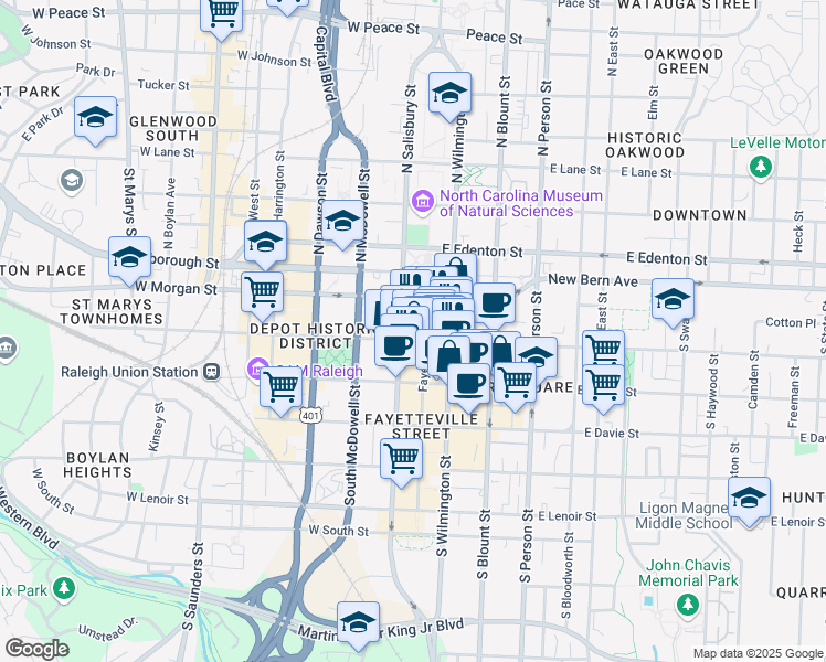 map of restaurants, bars, coffee shops, grocery stores, and more near 207 Fayetteville Street in Raleigh