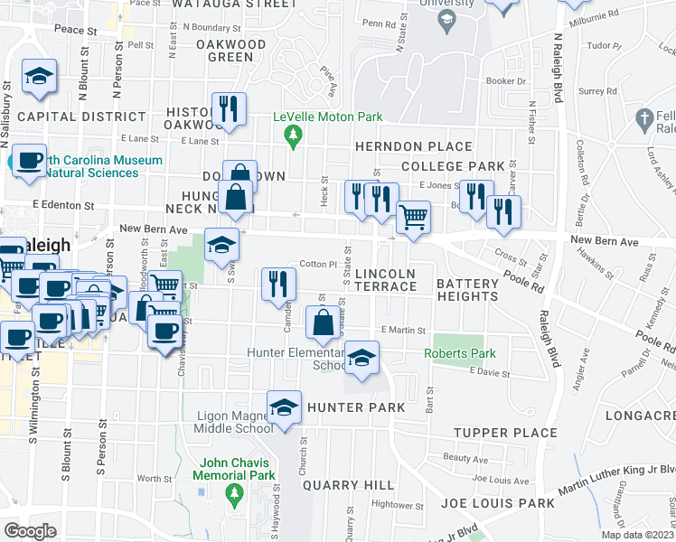 map of restaurants, bars, coffee shops, grocery stores, and more near 828 Cotton Place in Raleigh