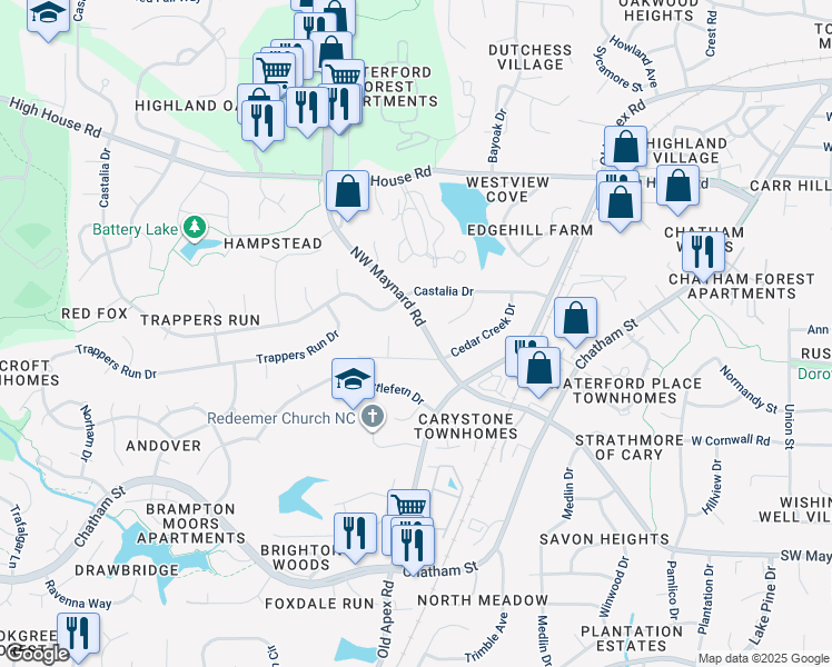 map of restaurants, bars, coffee shops, grocery stores, and more near 805 Northwest Maynard Road in Cary