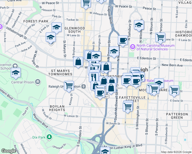 map of restaurants, bars, coffee shops, grocery stores, and more near 213 South Harrington Street in Raleigh